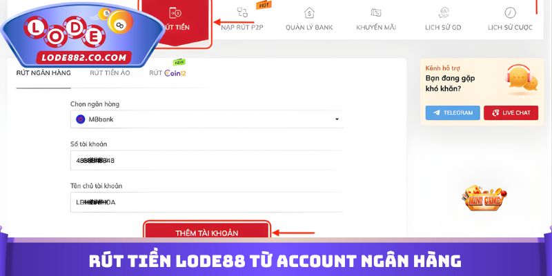Rút tiền Lode88 từ account ngân hàng